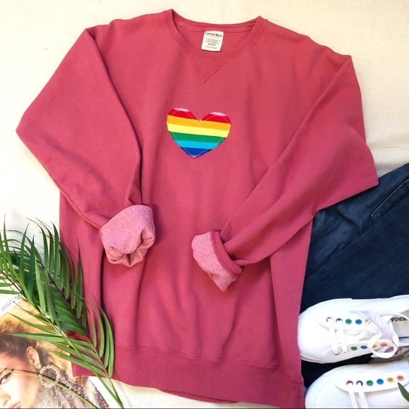 Pride Rainbow Heart Patchwork Sweatshirt Sticker and Pin Set Vintage Red Large - Picture 4 of 7